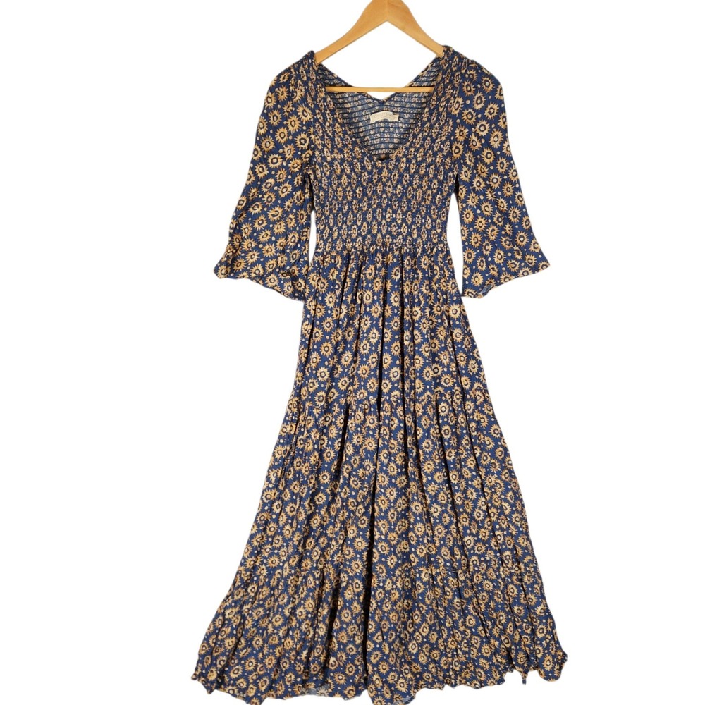 Christy Dawn Basil Maxi Dress XS-S Blue Mother Sun Print Smocked Tiered Boho